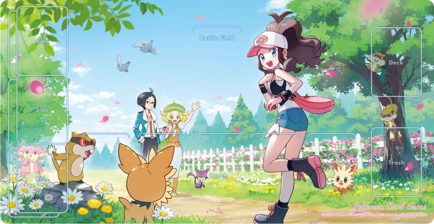 1boy 2girls :d ahoge arm_up audino baseball_cap bianca_(pokemon) bird black_hair black_socks black_vest blonde_hair boots brown_hair cheren_(pokemon) cloud commentary_request day dress exposed_pocket falling_petals fence flower gen_5_pokemon grass green_hat hat high_ponytail hilda_(pokemon) jacket lillipup long_hair multiple_girls nao_(naaa_195) nintendo official_art open_clothes open_jacket open_mouth orange_vest outdoors pants patrat petals pidove pokemon pokemon_bw ponytail purrloin shirt short_hair shorts sidelocks sky sleeveless sleeveless_shirt smile socks tree vest waving white_dress white_flower yellow_flower