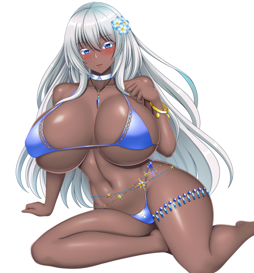 1girl bikini blue_eyes breasts choker cleavage curvy dark-skinned_female dark_skin highres huge_breasts long_hair looking_at_viewer navel original plump rough_(riferio) side-tie_bikini_bottom smile solo swimsuit white_choker white_hair