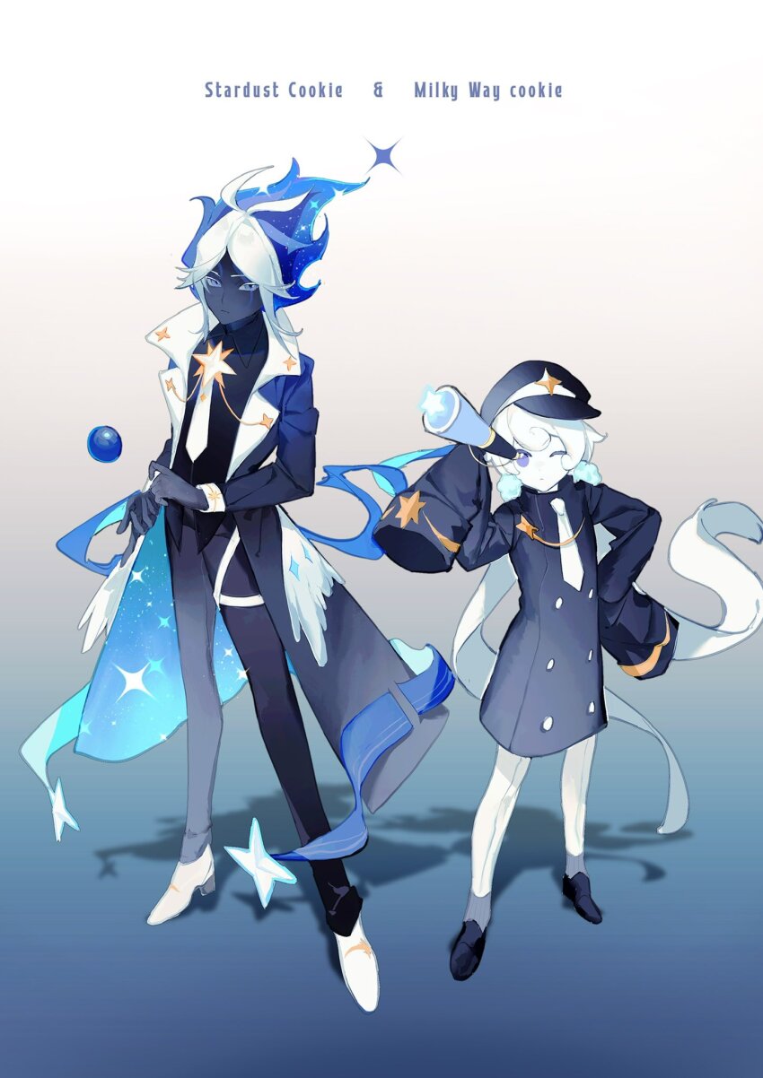 1boy 1girl blue_eyes blue_fire blue_hair blue_skin capelet character_name colored_skin cookie_run cookie_run:_kingdom fire hat highres humanization long_hair long_sleeves low_twintails milky_way_cookie necktie personification senlly_2507 stardust_cookie train_conductor twintails very_long_hair white_hair white_skin