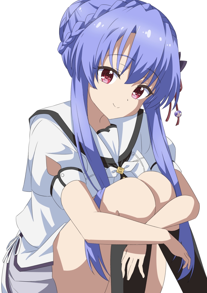 1girl absurdres black_bow black_socks blue_hair bow braid closed_mouth commentary_request crown_braid feet_out_of_frame hair_between_eyes hair_bow hair_bun hair_ribbon highres hugging_own_legs kneehighs long_hair looking_at_viewer miniskirt puffy_short_sleeves puffy_sleeves red_eyes red_ribbon ribbon ringed_eyes sailor_collar school_uniform seihoku serafuku shirt short_sleeves sidelocks simple_background single_hair_bun sitting skirt smile socks solo sorakado_ao split_mouth straight_hair summer_pockets summer_pockets_school_uniform very_long_hair white_background white_sailor_collar white_serafuku white_shirt white_skirt