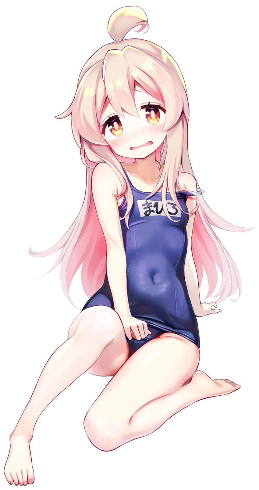 1girl absurdres ahoge blue_one-piece_swimsuit blush breasts brown_eyes character_name commentary_request covered_navel dot_nose embarrassed feet full_body hair_between_eyes highres knee_up long_hair looking_at_viewer name_tag one-piece_swimsuit onii-chan_wa_oshimai! oyama_mahiro pink_hair school_swimsuit simple_background sitting small_breasts solo strap_slip swimsuit toes wavy_mouth white_background youta