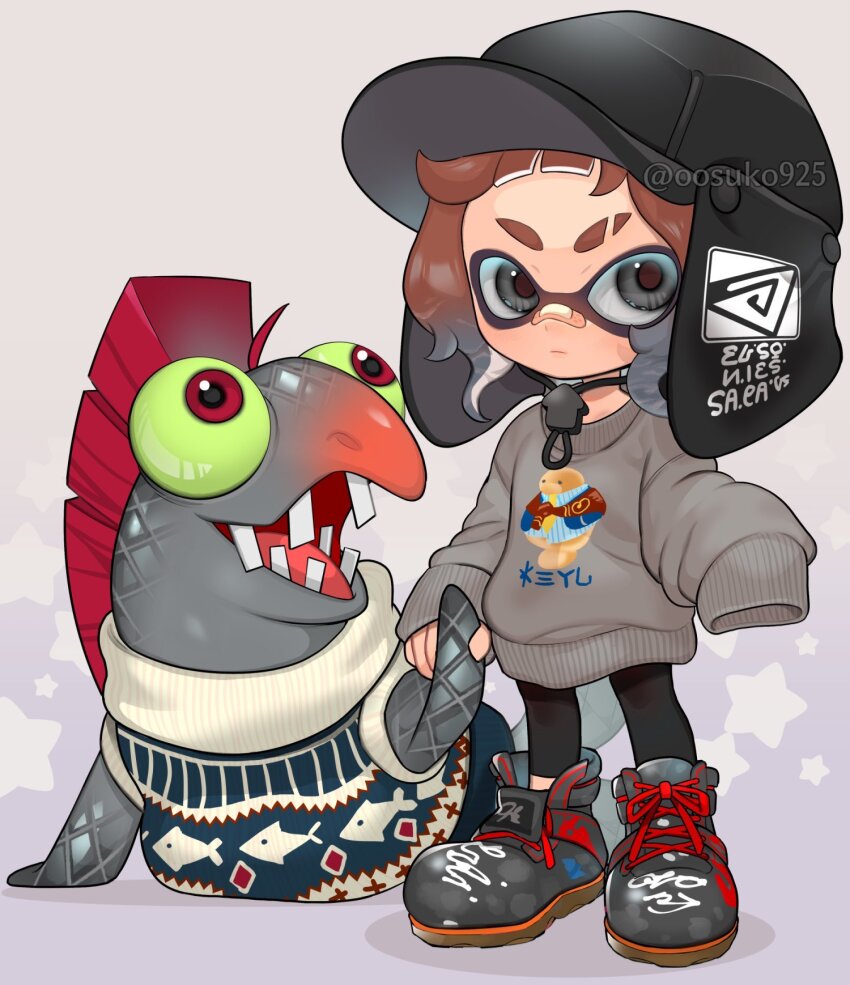 1boy artist_name black_hat black_leggings chum_(splatoon) closed_mouth commentary_request cross-laced_footwear eyebrow_cut full_body gradient_background gradient_hair grey_background grey_eyes grey_hair grey_shoes grey_sweater hat highres holding_hands inkling inkling_boy inkling_player_character leggings long_sleeves looking_at_viewer male_focus medium_hair mohawk multicolored_hair naoki_(oosuko) nintendo print_headwear print_sweater red_eyes red_hair shoes simple_background sleeves_past_fingers sleeves_past_wrists solo splatoon_(series) splatoon_3 standing sweater tentacle_hair thick_eyebrows two-tone_hair watermark