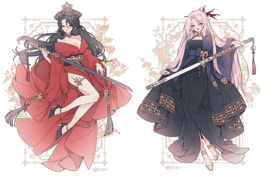 2girls black_dress black_footwear black_hair blue_shirt breasts chinese_clothes cleavage dao_(weapon) dress earrings embroidery facial_tattoo fashion floating floral_background full_body girdle gold_choker hair_ornament hairpin high_heels holding holding_sword holding_weapon jewelry jian_(weapon) large_breasts lemon89h long_hair multiple_girls open_mouth original parted_bangs red_dress red_eyes red_lips scar scar_on_leg scar_on_shoulder shirt shoes sidelocks standing sword tassel tattoo weapon wide_sleeves yellow_shoes yin_yang