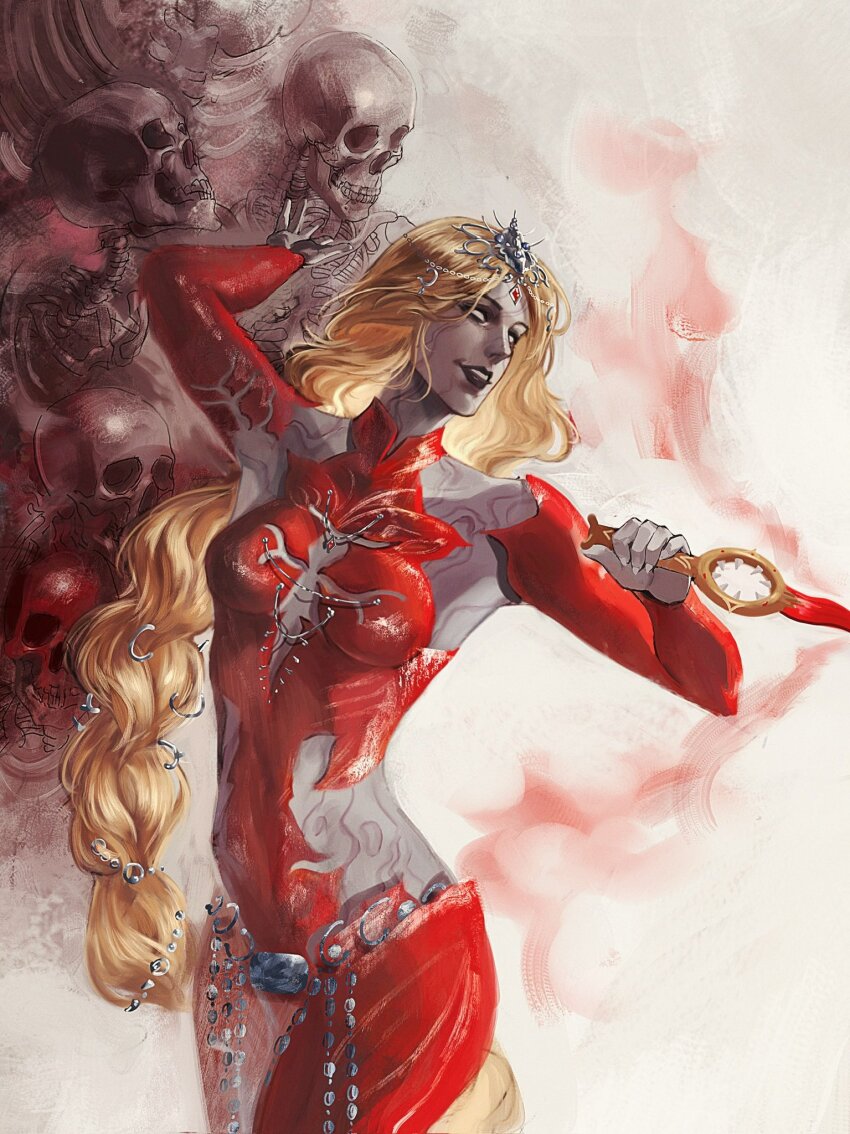 1girl baldur&#039;s_gate baldur&#039;s_gate_3 black_lips blank_eyes blonde_hair bodysuit braid cleavage_cutout clothing_cutout collared_bodysuit colored_skin cowboy_shot dagger detached_sleeves dungeons_&amp;_dragons dungeons_&amp;_dragons grey_skin headpiece highres hip_vent holding holding_dagger holding_knife holding_weapon knife long_hair low-braided_long_hair low-tied_long_hair orin_the_red red_bodysuit single_braid skeleton skull skyorange smile solo weapon white_background