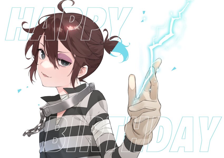 1boy :3 ahoge bandaged_neck bandages blue_pupils brown_gloves brown_hair bruise bruised_eye chain collar commentary_request electricity floating_clothes floating_hair gloves grey_eyes hair_between_eyes half-closed_eye happy_birthday highres identity_v injury looking_at_viewer luca_balsa male_focus metal_collar nikunikuoda parted_lips ponytail popped_collar shirt short_ponytail solo striped_clothes striped_shirt upper_body