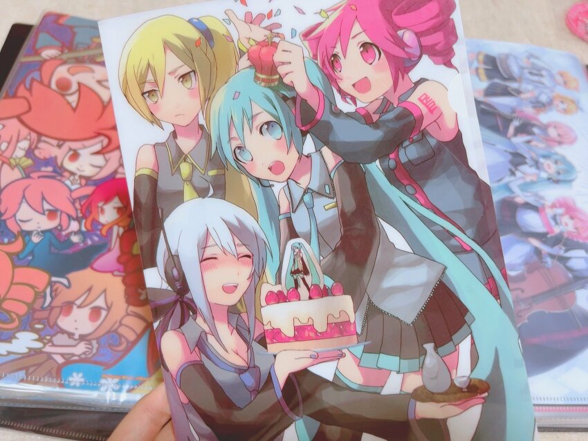 4girls :d ahoge akita_neru alcohol arched_crown arm_tattoo artist_request bare_shoulders black_skirt black_thighhighs blonde_hair blue_hair blue_necktie blush breast_pocket breasts buttons cake check_artist choko_(cup) closed_mouth collared_shirt confetti crown cup drill_hair drunk food hair_between_eyes hashtag-only_commentary hat hatsune_miku holding holding_plate kagamine_len kagamine_rin kasane_teto kasane_teto_(utau) long_hair medium_breasts megurine_luka miku_symphony_(vocaloid) mini_hat multiple_girls neckerchief necktie number_tattoo open_mouth photo_(medium) plate pleated_skirt pocket purple_nails purple_necktie red_eyes red_hair red_tattoo sake sen_(4i3lfolxnq) shirt shoulder_tattoo side_ponytail skirt small_breasts smile tattoo teeth thighhighs third-party_source traditional_media triple_baka_(vocaloid) twin_drills twintails upper_teeth_only utau very_long_hair vocaloid vocaloid_boxart_pose white_hair wing_collar yellow_eyes yellow_neckerchief yellow_trim yowane_haku