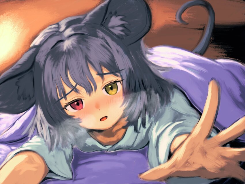1girl absurdres animal_ear_fluff animal_ears blush breasts flandzen grey_hair heterochromia highres long_sleeves looking_at_viewer mouse_ears mouse_tail nazrin on_bed pov red_eyes short_hair small_breasts solo tail touhou yellow_eyes