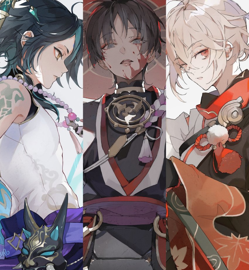3boys absurdres ahoge autumn_leaves bare_shoulders belt black_hair black_pants black_shirt blood blood_on_face blue_hair blue_pants closed_mouth detached_sleeves gem genshin_impact gold grey_background grey_eyes grey_hair grey_shirt hair_between_eyes hat highres jewelry jingasa kaedehara_kazuha kamui_(kurohshiro1) leaf leaf_print lips long_sleeves looking_at_viewer looking_to_the_side mandarin_collar mitsudomoe_(shape) multicolored_hair multiple_boys necklace open_mouth pants pearl_(gemstone) pearl_necklace pom_pom_(clothes) purple_belt red_eyes red_headwear red_scarf scaramouche_(genshin_impact) scarf shirt short_hair short_sleeves simple_background sleeveless sleeveless_shirt smile standing sword teeth tomoe_(symbol) tongue two-tone_hair weapon white_shirt wide_sleeves xiao_(genshin_impact) yellow_eyes