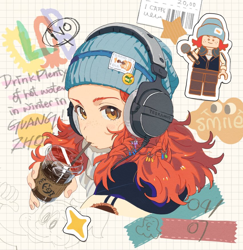 1girl absurdres beanie blue_hat blush_stickers braid commentary cropped_shoulders cup disposable_cup drinking drinking_straw freckles from_side hat headphones highres holding holding_cup hood hood_down hooded_coat lego_minifig looking_at_viewer one_less_chopstick_band orange_eyes red_hair scarf solo sticker troka white_scarf zhang_zilong
