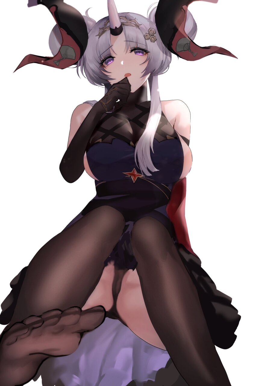 1girl azur_lane bare_shoulders black_gloves black_panties black_thighhighs blue_hair breasts cameltoe double_bun dress elbow_gloves gloves hair_bun hand_up highres horns huge_hair_bun keira_(hnosnthrn) large_breasts long_hair looking_at_viewer official_alternate_costume open_mouth panties purple_eyes simple_background single_horn sitting sleeveless sleeveless_dress solo thighhighs toes underwear watarase_(azur_lane) watarase_(garments_of_everlasting_magic)_(azur_lane) white_background