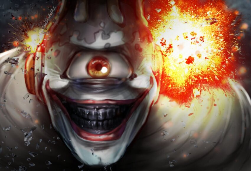 1boy black_teeth colored_skin commentary cork crazy_smile cursed_spirit_(jujutsu_kaisen) cyclops english_commentary explosion glass_shards grey_skin jogo_(jujutsu_kaisen) jujutsu_kaisen looking_at_viewer meme monster one-eyed orange_eyes parody red_lips smile solo teeth the_jonkler_(meme) twitter_username why_so_serious xvx_cooldude69_xvx
