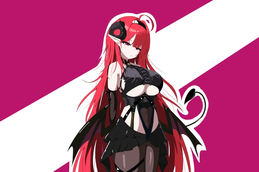 1girl absurdres ahoge azur_lane black_skirt breasts center_frills clothing_cutout commentary_request cowboy_shot demon_girl demon_horns demon_tail demon_wings erciyuan_fan_mou frills heart_cutout highres hindenburg_(azur_lane) horns large_breasts long_hair low_wings miniskirt purple_background red_eyes red_hair simple_background skirt solo tail two-tone_background underboob underboob_cutout very_long_hair white_background wings