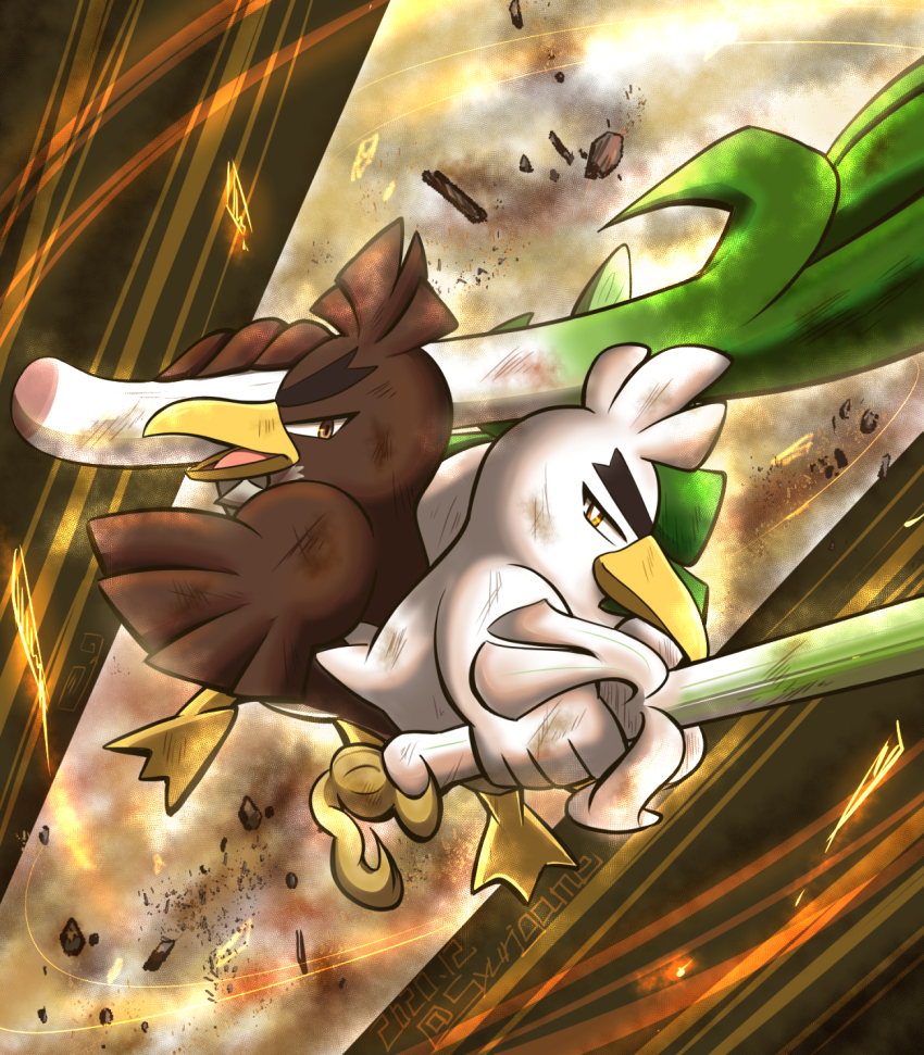 back-to-back bright_pupils brown_eyes cuts dated debris dirty food full_body galarian_farfetch&#039;d galarian_form gen_8_pokemon highres holding holding_food holding_vegetable injury nintendo no_humans open_mouth pokemon pokemon_(creature) shuri_(syurigame) signature sirfetch&#039;d spring_onion thick_eyebrows v-shaped_eyebrows vegetable white_pupils