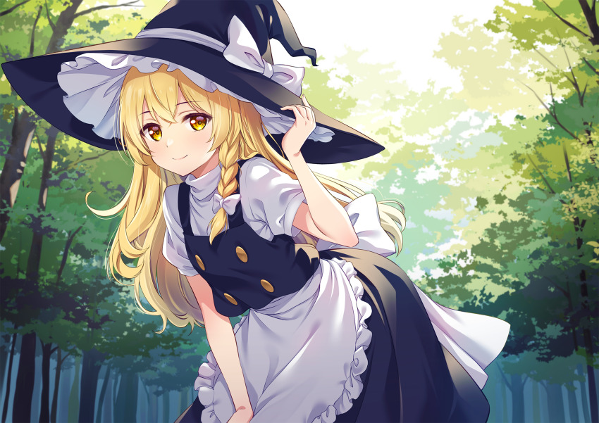 1girl apron black_hat black_skirt black_vest blonde_hair bow braid closed_mouth forest frilled_apron frills hair_between_eyes hair_bow hat hat_bow highres kirisame_marisa long_hair murasaki_atsushi nature shirt short_sleeves single_braid skirt smile solo touhou tree vest waist_apron white_apron white_bow white_shirt witch_hat yellow_eyes