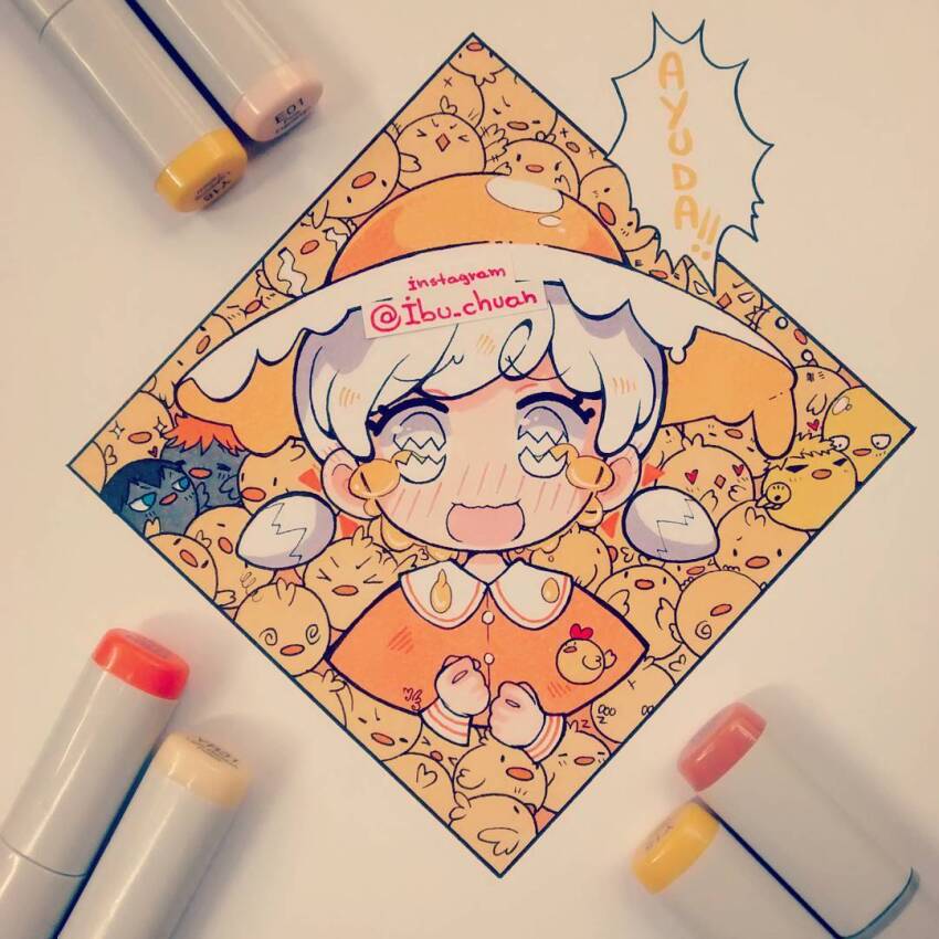 1girl alternate_body_fluid art_tools_in_frame bird blush capelet chick colored_tears commentary egg food-themed_clothes fried_egg ibi_chuan looking_at_viewer marker marker_(medium) open_mouth orange_capelet original photo_(medium) short_twintails sidelocks smile solo spanish_commentary symbol-shaped_pupils tears too_many too_many_chicks traditional_media twintails white_eyes white_hair yellow_theme