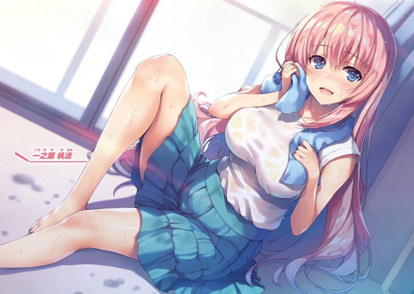 blue_eyes breasts hand_on_own_chest highres ichinose_honami_(youjitsu) large_breasts looking_at_viewer no_shoes no_socks official_art on_floor open_mouth pink_hair shirt skirt tomose_shunsaku towel towel_around_neck wet wet_clothes wet_shirt white_shirt youkoso_jitsuryoku_shijou_shugi_no_kyoushitsu_e