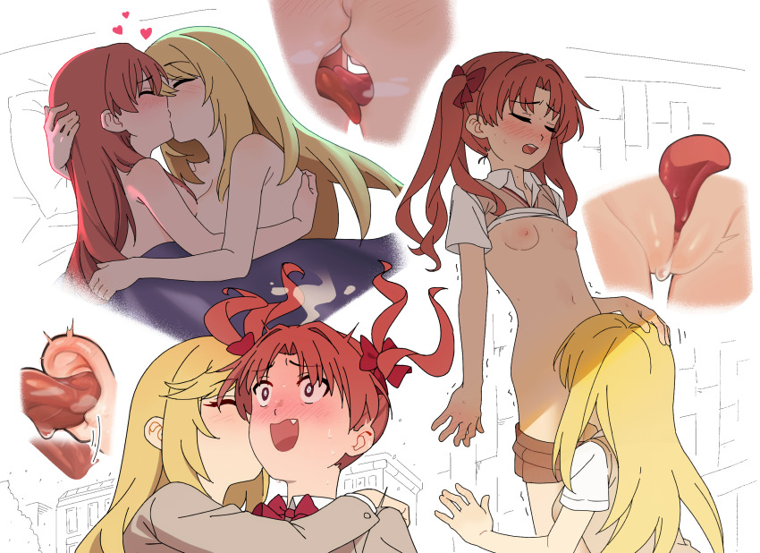 2girls blonde_hair blush breasts brown_hair brown_sweater_vest cleft_of_venus clothes_lift collared_shirt commentary cunnilingus disembodied_tongue ear_licking english_commentary fang female_focus french_kiss heart highres hug kiss licking long_hair multiple_girls multiple_views navel nipples on_bed oral pussy saliva school_uniform shirai_kuroko shirt shirt_lift shokuhou_misaki short_sleeves sleepy_frippy small_breasts sweater sweater_lift sweater_vest teeth toaru_kagaku_no_railgun toaru_majutsu_no_index tokiwadai_school_uniform tongue trembling twintails uncensored upper_teeth_only white_shirt yuri