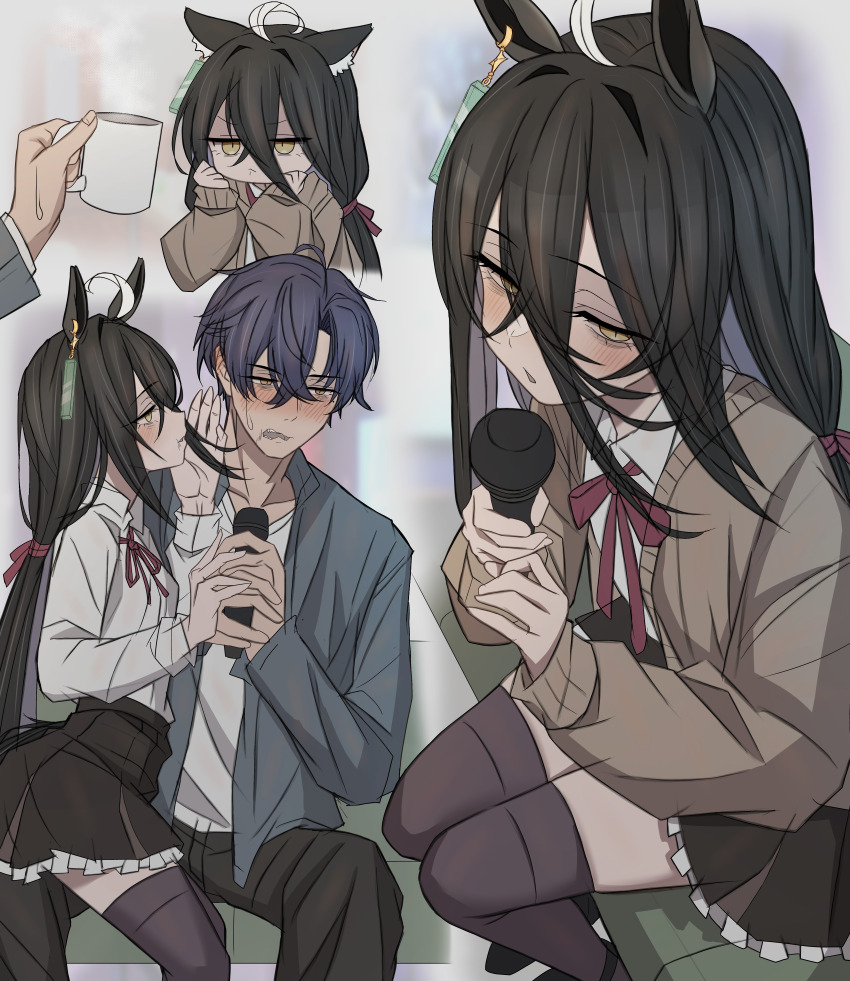 1boy 1girl absurdres ahoge animal_ears bags_under_eyes black_thighhighs blush brown_cardigan cardigan collared_shirt cup ear_tag earrings grey_hair hair_between_eyes hair_ribbon half-closed_eyes hand_up high-waist_skirt highres holding holding_cup horse_ears horse_girl jewelry karaoke leogust long_bangs long_hair long_hair_between_eyes low-tied_long_hair manhattan_cafe_(umamusume) microphone mug multicolored_hair neck_ribbon nervous_sweating pout red_ribbon ribbon shirt shirt_tucked_in short_hair single_earring skirt solo sweat thighhighs trainer_(umamusume) umamusume variant_set very_long_hair whispering_in_ear white_hair white_shirt yellow_eyes