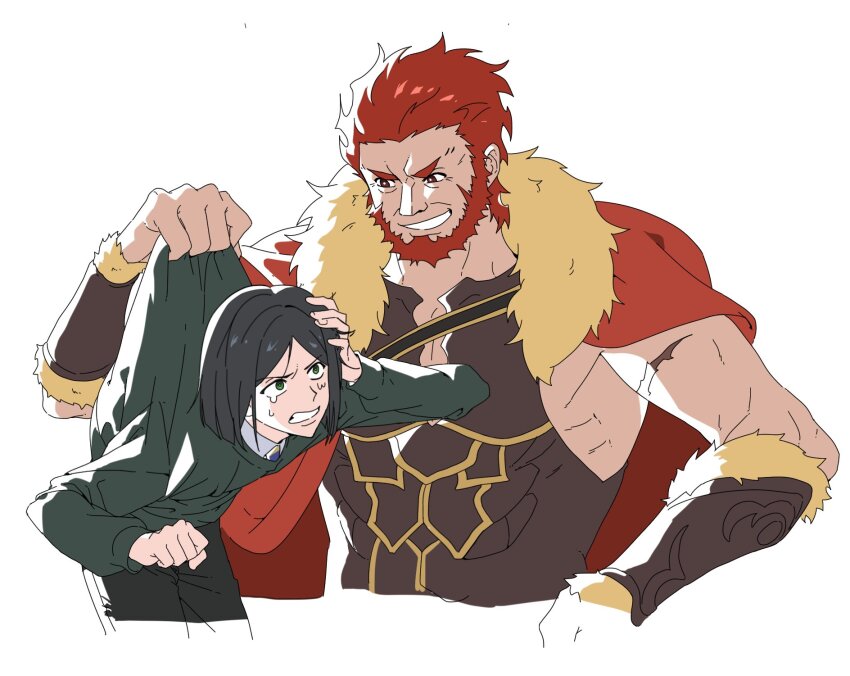 2boys beard cape cropped_torso eye_contact facial_hair fate/zero fate_(series) highres iskandar_(fate) lifting_person looking_at_another male_focus mature_male multiple_boys pectorals potato_goril red_eyes red_hair scar short_hair sidepec size_difference tearing_up toned toned_male waver_velvet white_background