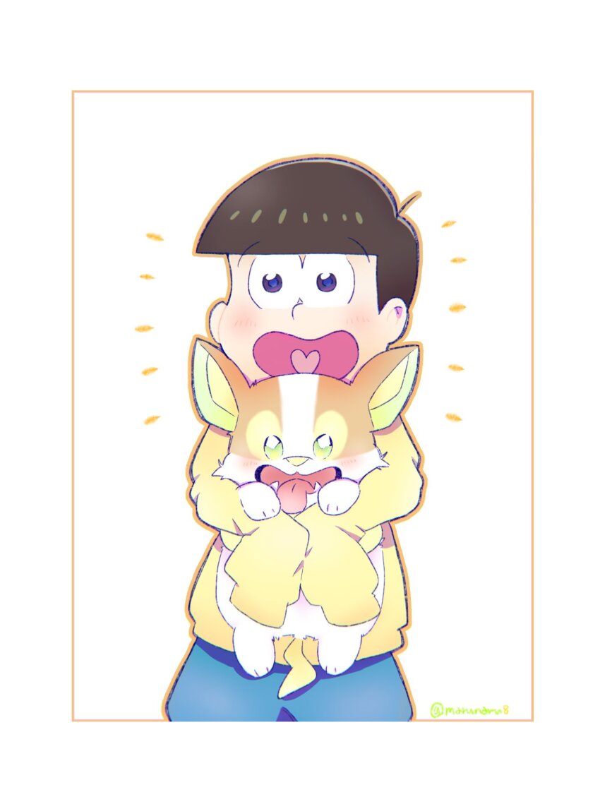 1boy :d blue_shorts blunt_bangs border brown_hair commentary_request game_freak gen_8_pokemon highres holding holding_pokemon male_focus marunaru8 matsuno_jyushimatsu nintendo open_mouth orange_outline osomatsu-kun osomatsu_(series) outline pokemon pokemon_(creature) purple_eyes shirt short_hair shorts simple_background sleeves_past_fingers sleeves_past_wrists smile tongue twitter_username white_background white_border yamper yellow_shirt