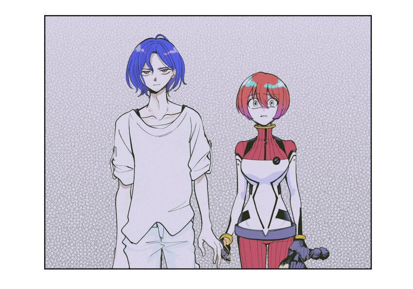 1boy 1girl amate_yuzuriha aqua_eyes beanie blue_hair border commentary_request cowboy_shot glaring grey_background gundam gundam_gquuuuuux hat highres holding holding_hands holding_unworn_clothes holding_unworn_hat looking_at_viewer mecha_pilot_suit open_mouth pom_pom_(clothes) pom_pom_beanie red_eyes red_hair shirt short_hair shuji_ito tsudzumiya_mare unworn_hat unworn_headwear white_border white_shirt wide-eyed
