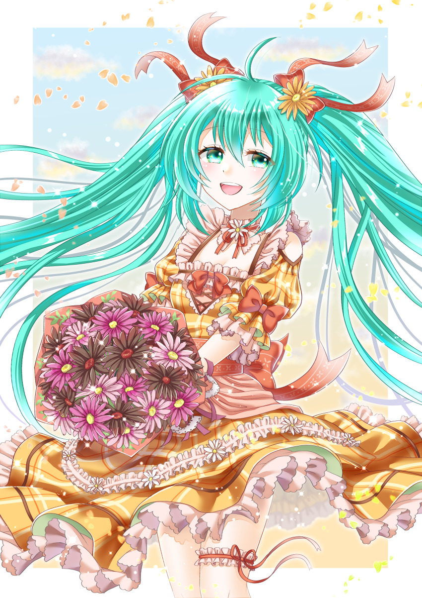 1girl :d absurdres aqua_eyes aqua_hair blush bouquet breasts cleavage clothing_cutout cloud dress flower hair_between_eyes hair_flower hair_ornament hair_ribbon hatsune_miku highres holding holding_bouquet open_mouth orange_flower pink_flower plaid_clothes plaid_dress puffy_short_sleeves puffy_sleeves red_ribbon ribbon short_sleeves shoulder_cutout smile solo tateko25wiz teeth twintails upper_teeth_only vocaloid yellow_dress