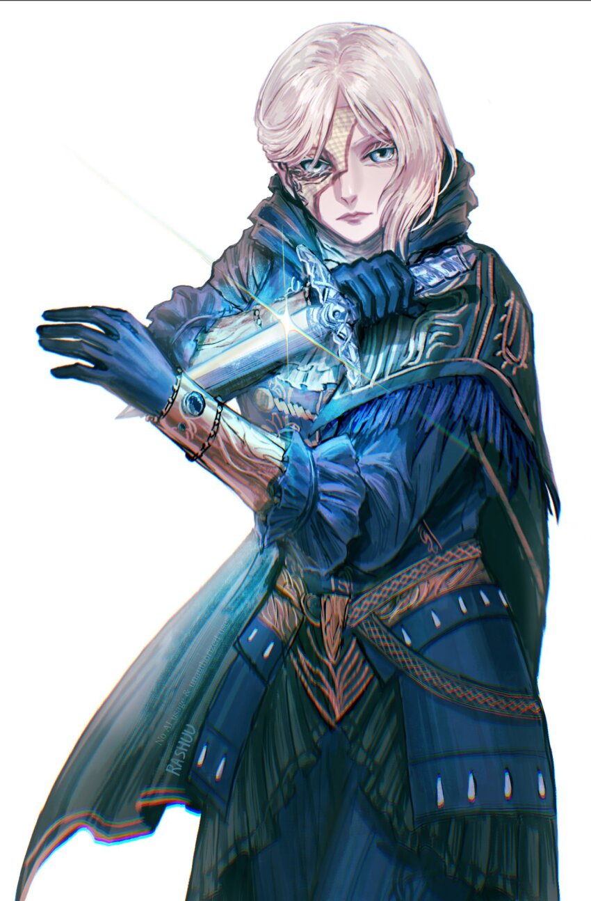 1girl blonde_hair cape duchess_(elden_ring) elden_ring elden_ring_nightreign gloves highres holding holding_weapon knife long_hair mask rashuu simple_background solo weapon