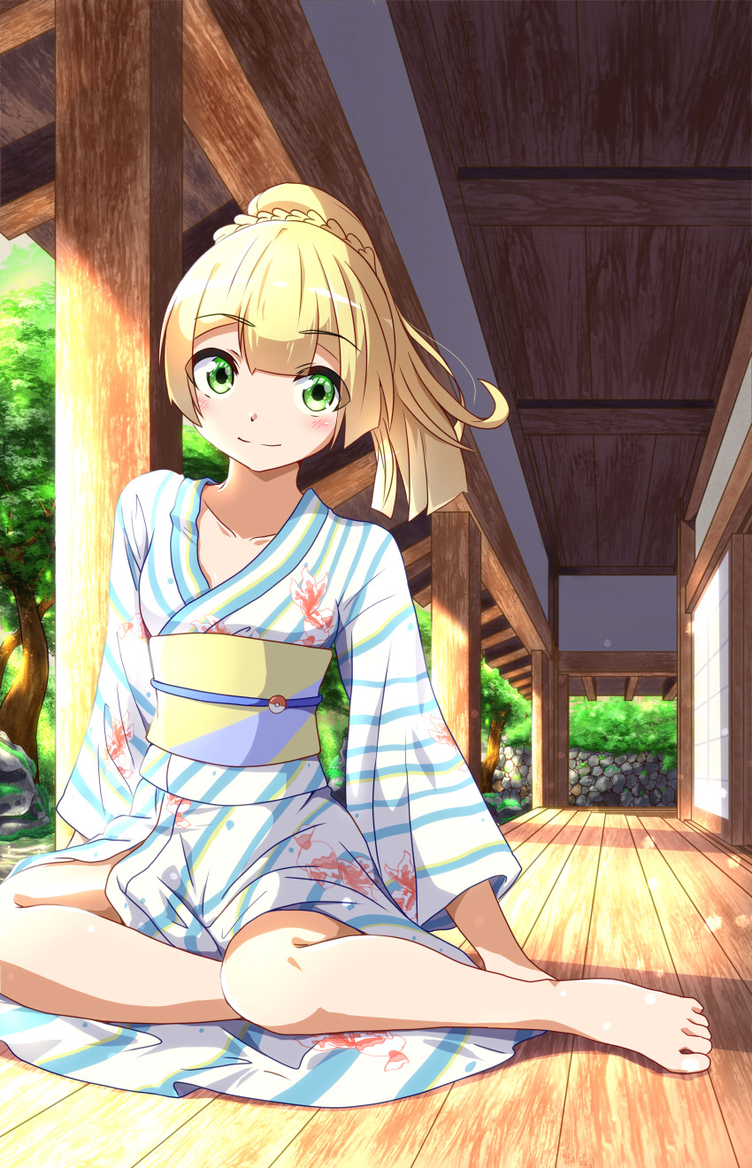absurdres barefoot blonde_hair collarbone gen_1_pokemon goldeen green_eyes high_ponytail highres japanese_clothes kimono lillie_(pokemon) long_hair looking_at_viewer negimiso1989 nintendo poke_ball_symbol pokemon pokemon_(creature) pokemon_sm ponytail smile solo tree veranda yukata