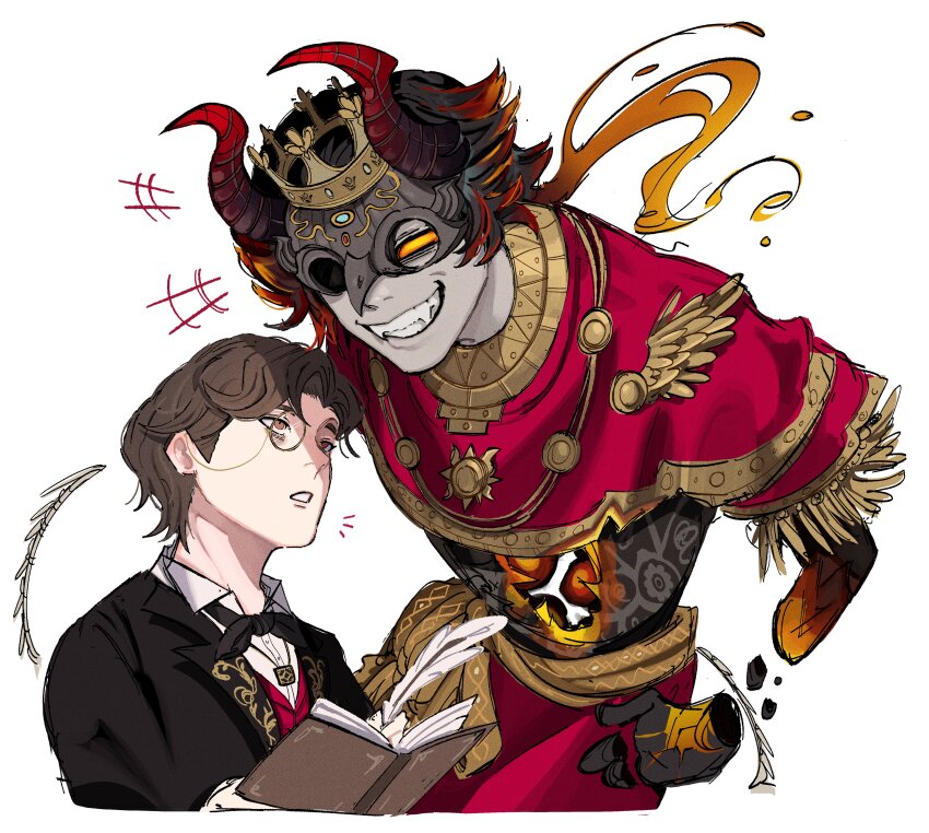 2boys ^^^ absurdres black_bow black_bowtie black_hair black_horns book bow bowtie brown_hair crown embroidery fang fool&#039;s_gold_(identity_v) gold gold_embroidery grin highres holding holding_book hole_in_chest hole_on_body hollow_eyes horns identity_v iloveuorphy laughing looking_at_another looking_up monocle multiple_boys norton_campbell one_eye_narrowed open_book orpheus_(identity_v) quill red_hair red_horns sharp_teeth simple_background smile teeth white_background