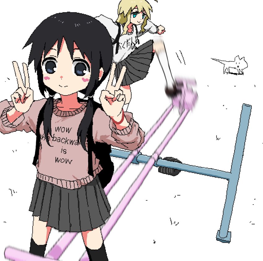 2girls aiu404l black_bag black_eyes black_skirt black_socks blonde_hair blue_eyes blush cat character_request chito_(shoujo_shuumatsu_ryokou) clothes_writing copyright_request double_v english_text engrish_text heart highres imminent_injury motion_blur multiple_girls pantyhose photo-referenced ranguage seesaw shoujo_shuumatsu_ryokou simple_background skirt socks tagme thighhighs v white_background white_cat wristband yuuri_(shoujo_shuumatsu_ryokou) zettai_ryouiki