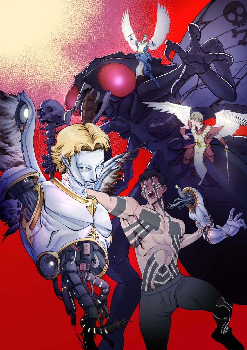4boys absurdres aghoby android angel angel_wings beelzebub_(megami_tensei) black_hair black_shorts blonde_hair body_markings bug cross cross_print demi-fiend demon_(megami_tensei) fangs feathered_wings fly flying full-body_tattoo glowing glowing_eyes glowing_tattoo highres holding holding_staff holding_sword holding_weapon insect insect_wings mandibles mechabare mechanical_arms metatron_(megami_tensei) monster multiple_boys neck_grab open_mouth raphael_(megami_tensei) red_background red_eyes shin_megami_tensei shin_megami_tensei_iii:_nocturne short_hair shorts simple_background single_mechanical_arm staff sword tabard tattoo topless_male torn_wings uriel_(megami_tensei) weapon white_eyes wings