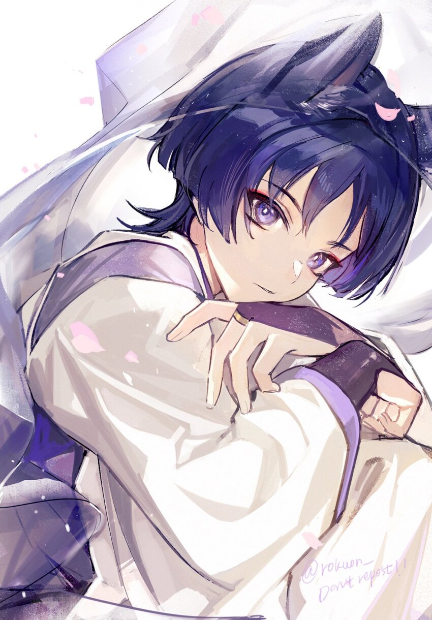 1boy animal_ears bishounen cat_boy cat_ears gauntlets genshin_impact highres japanese_clothes kimono looking_at_viewer male_focus purple_eyes purple_hair rokuon scaramouche_(genshin_impact) short_hair simple_background solo white_background