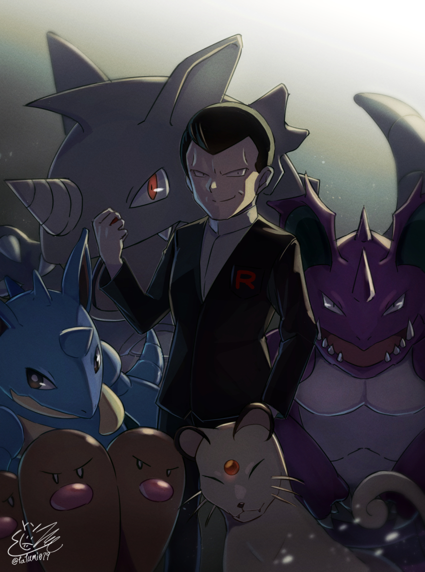 1boy ^_^ arm_at_side artist_name backlighting black_eyes black_jacket black_pants blurry breast_pocket bright_pupils brown_eyes brown_hair cat claws closed_eyes closed_mouth clothes_writing constricted_pupils dark depth_of_field dugtrio fang fangs fangs_out forehead_jewel gem gen_1_pokemon giovanni_(pokemon) gradient_background grey_background hand_up happy holding holding_poke_ball jacket light_particles long_sleeves looking_at_viewer nidoking nidoqueen nintendo open_mouth pants persian_(pokemon) pocket poke_ball poke_ball_(basic) pokemon pokemon_(creature) pokemon_frlg red_eyes red_gemstone rhydon sharp_teeth shirt short_hair signature smile split_mouth tatsumi_(panneko) teeth twitter_username v-shaped_eyebrows white_eyes white_pupils white_shirt