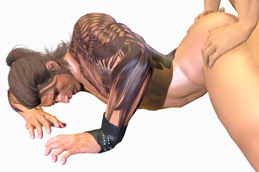 2boys 3d anal ass bara brown_hair facial_hair final_fantasy final_fantasy_xv gladiolus_amicitia highres long_hair male_focus male_penetrated multiple_boys muscular nude scar sex solo_focus tattoo xnlara yaoi