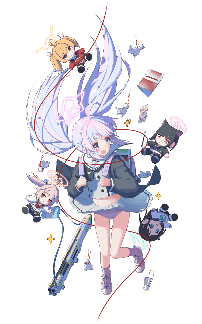 1girl :d absurdres after-school_sweets_club_(blue_archive) ahoge airi_(blue_archive) backpack bag black_jacket black_neckerchief blue_archive blue_hair blue_panties blue_socks blush book buttons character_doll chinese_commentary clothes_lift commentary_request crying crying_with_eyes_open doll double-breasted dsfr floating_clothes floating_hair full_body gluteal_fold green_halo grey_serafuku grey_shirt grey_skirt gun hair_ornament halo highres holding_strap jacket kazusa_(blue_archive) knees_together_feet_apart long_hair midriff mixed-language_commentary multicolored_hair multicolored_panties multicolored_socks natsu_(blue_archive) navel neckerchief open_bag open_clothes open_jacket open_mouth panties pen pink_bag pink_hair pink_halo pink_panties pink_shoes pink_socks pleated_skirt reisa_(blue_archive) sailor_collar sailor_shirt school_bag school_uniform serafuku shirt shoes shotgun sidelocks simple_background skirt skirt_lift smile sneakers socks sparkle standard_manufacturing_dp-12 star_(symbol) star_hair_ornament star_halo string striped_clothes striped_panties striped_socks tears teruterubouzu turning_head twintails two-tone_hair underwear weapon white_background white_sailor_collar wind wind_lift yellow_halo yoshimi_(blue_archive)