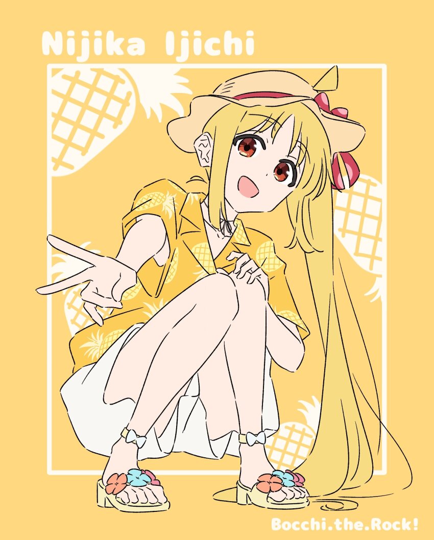 1girl ahoge blonde_hair bocchi_the_rock! bow detached_ahoge full_body hat hat_bow highres ijichi_nijika long_hair mayo_(oekaki_bibbi) red_eyes side_ponytail solo squatting v