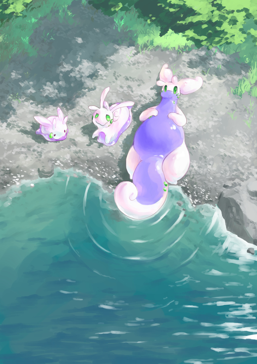 absurdres day evolutionary_line from_above gen_6_pokemon goodra goomy grass gravel highres looking_at_viewer lying nintendo no_humans on_back outdoors pokemon pokemon_(creature) ripples sliggoo tree veiukket water