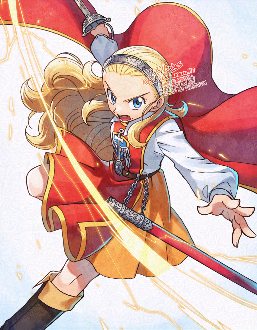 1girl absurdres adversarial_noise anlucea artist_name belt betabetamaru blonde_hair blouse blue_eyes boots brown_belt brown_boots colored_skin commentary commentary_request curly_hair dragon_quest dragon_quest_x english_commentary floating_clothes floating_hair hair_pulled_back highres holding holding_sword holding_weapon long_hair long_sleeves looking_to_the_side mixed-language_commentary mole mole_under_mouth open_mouth orange_skin rapier red_tabard scabbard sheath shirt silver_hairband solo sword tabard twitter_username weapon white_shirt