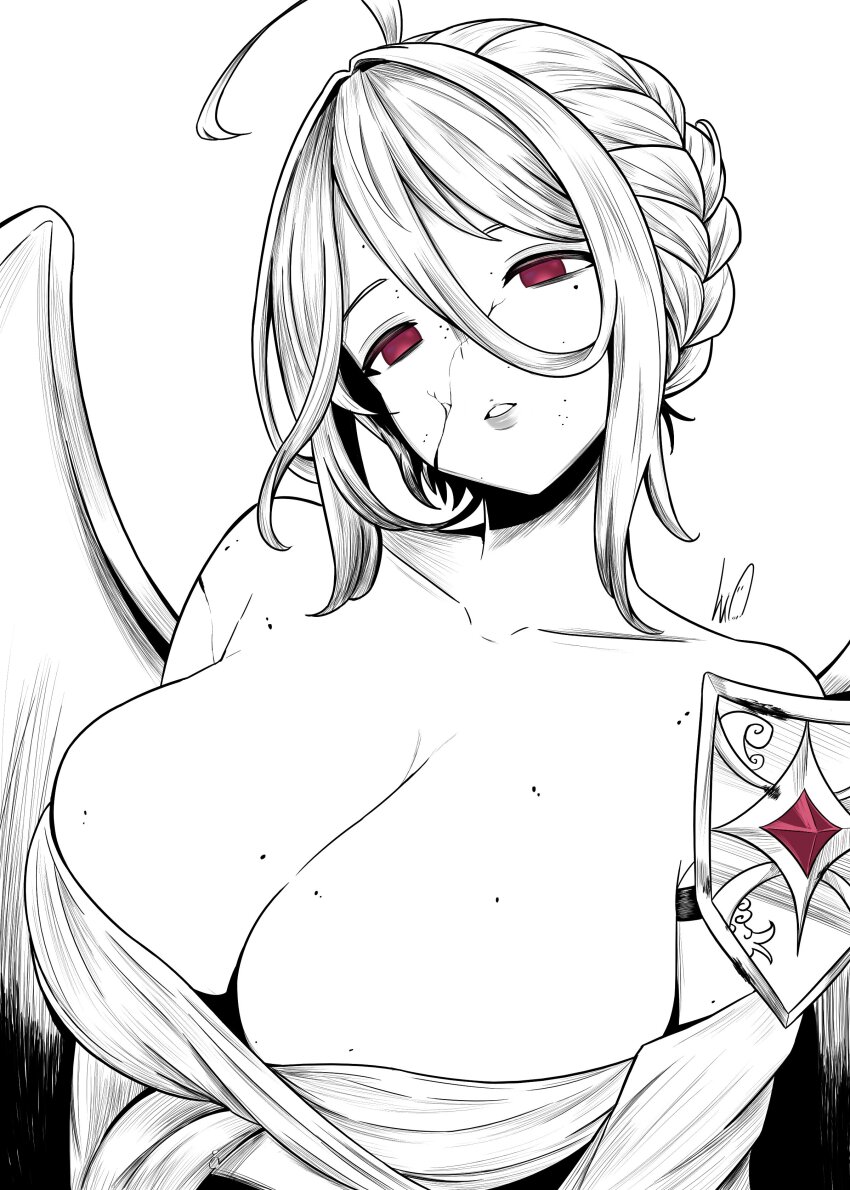 1girl absurdres ahoge angel_wings bare_shoulders braid breasts cleavage commentary cracked_skin empty_eyes eyebrows_hidden_by_hair hair_between_eyes hair_intakes head_tilt highres huge_breasts indie_virtual_youtuber lughost miyu_(weepymiyu) signature solo upper_body virtual_youtuber wings