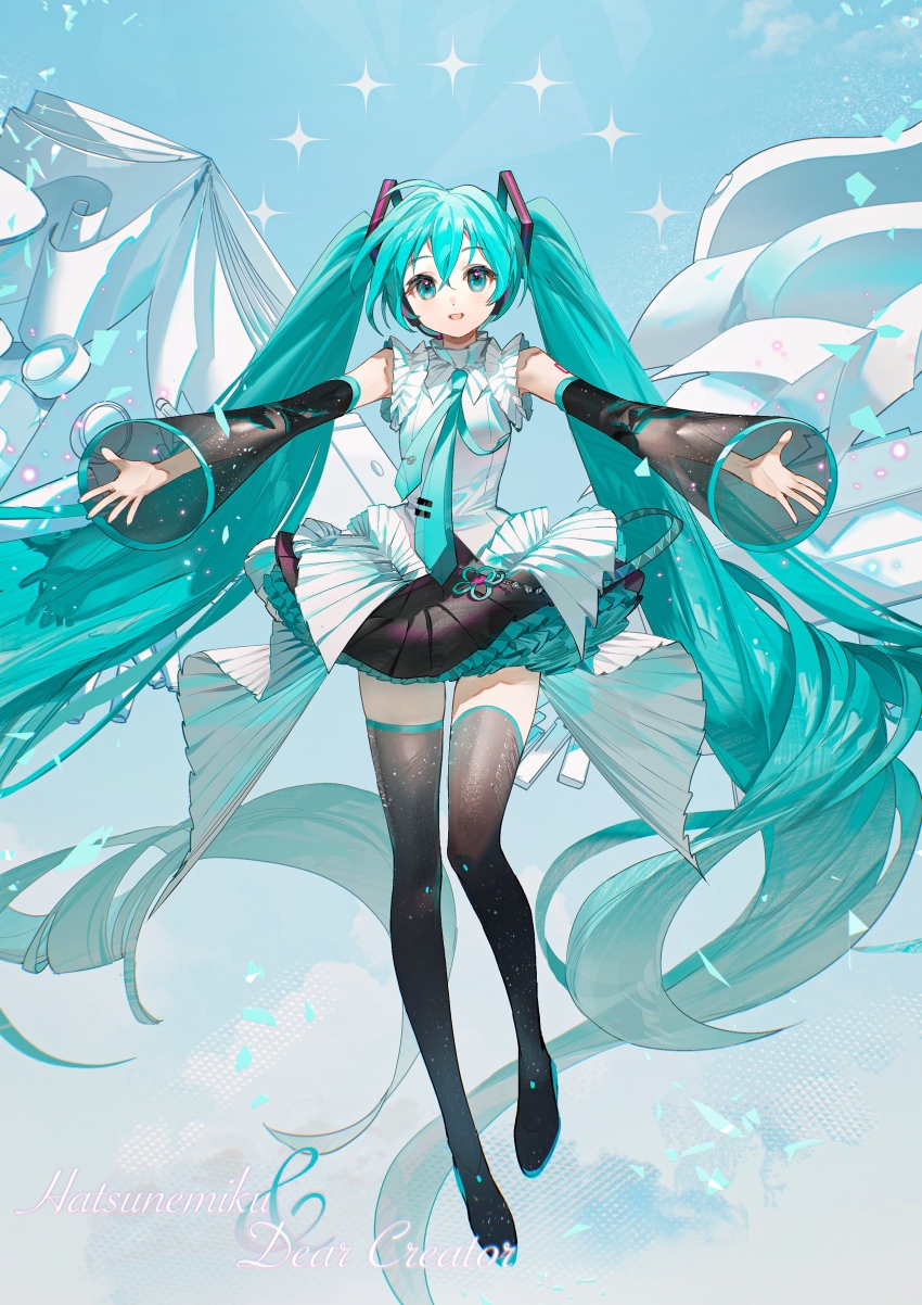 1girl :d absurdly_long_hair absurdres black_boots black_skirt black_sleeves blue_background blue_eyes blue_hair blue_necktie boots detached_sleeves floating_hair full_body hair_between_eyes hair_ornament hatsune_miku hatsune_miku_happy_16th_birthday_-dear_creators- headphones headset highres layered_skirt long_hair long_sleeves looking_at_viewer microphone miku_day miniskirt necktie open_mouth pleated_skirt rumoon see-through_clothes see-through_sleeves shirt skirt sleeveless sleeveless_shirt smile solo thigh_boots thighhighs twintails very_long_hair vocaloid white_shirt zettai_ryouiki