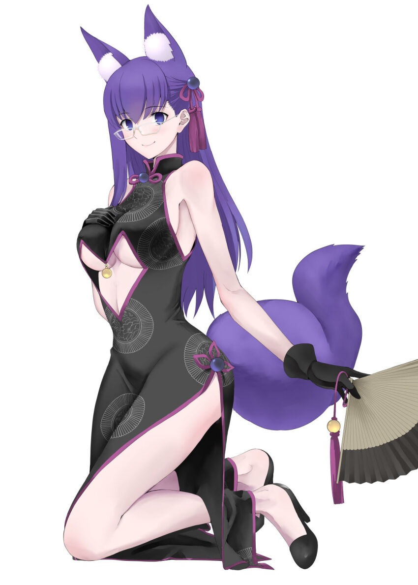 1girl animal_ear_fluff animal_ears bare_shoulders black_dress black_gloves breasts center_opening china_dress chinese_clothes cosplay dress fate/grand_order fate/stay_night fate_(series) folding_fan fox_ears fox_girl fox_tail gloves hair_between_eyes hand_fan highres holding holding_fan indian_clothes koyanskaya_(chinese_lostbelt_outfit)_(fate) koyanskaya_(chinese_lostbelt_outfit)_(fate)_(cosplay) koyanskaya_(fate) koyanskaya_(fate)_(cosplay) large_breasts long_hair looking_at_viewer matou_sakura pectorals purple_eyes purple_hair shirotsumekusa sidepec smile solo tail tamamo_(fate) tassel underboob white-framed_eyewear