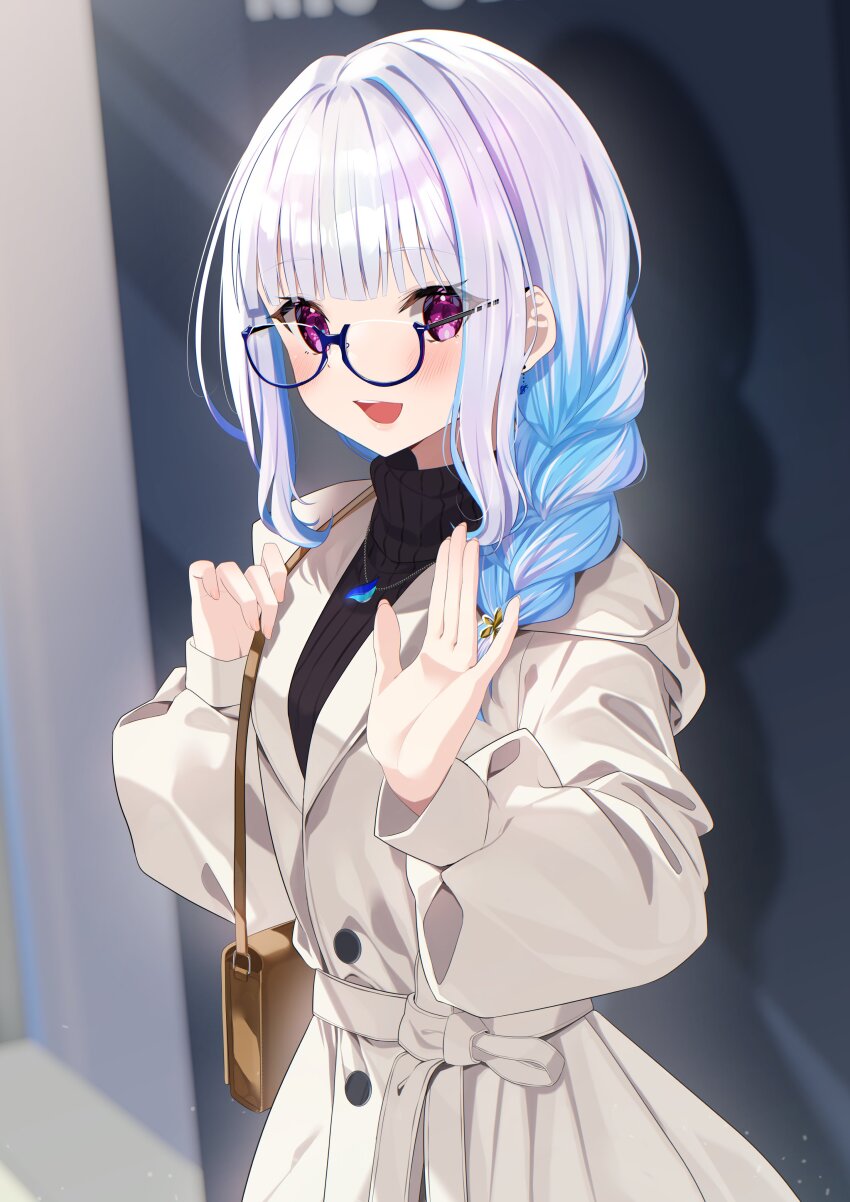 1girl :d absurdres alternate_costume bag bespectacled black_sweater blue-framed_eyewear blue_hair blurry blurry_background blush borumete braid brown_bag brown_coat coat commentary_request glasses hand_up highres hood hood_down hooded_coat lize_helesta long_hair long_sleeves looking_at_viewer multicolored_hair nijisanji open_mouth puffy_long_sleeves puffy_sleeves purple_eyes semi-rimless_eyewear shoulder_bag sidelocks smile solo sweater teeth two-tone_hair under-rim_eyewear upper_teeth_only virtual_youtuber waving white_hair