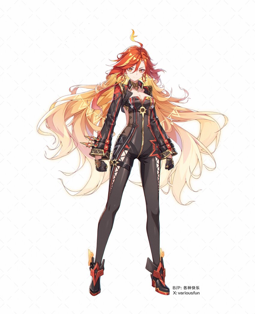 1girl ahoge biker_clothes bikesuit black_bodysuit black_footwear black_gloves bodysuit breasts cleavage earrings full_body ge_zhong_kuaile genshin_impact gloves high_heels highres jewelry long_hair long_sleeves mavuika_(genshin_impact) medium_breasts multicolored_eyes simple_background smile solo standing sun_earrings symbol_in_eye two-tone_eyes very_long_hair white_background