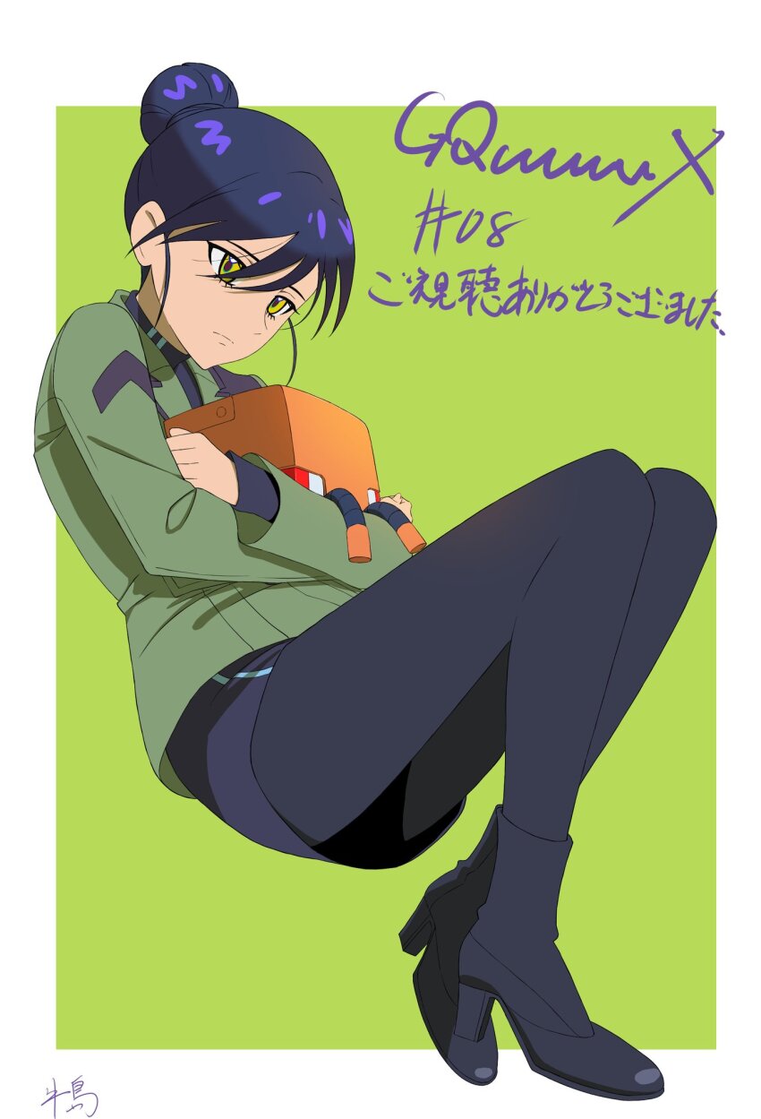 1girl boots border conch_(gundam) copyright_name episode_number full_body green_background gundam gundam_gquuuuuux hair_bun highres hugging_object jacket military_jacket military_uniform non-humanoid_robot nyaan_(gundam_gquuuuuux) pantyhose purple_hair robot simple_background single_hair_bun skirt solo white_border yellow_eyes you-6-11