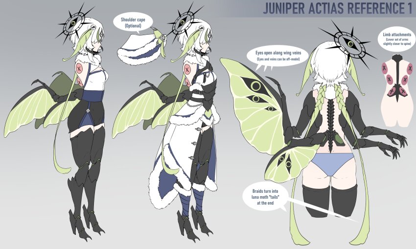 1girl absurdres arthropod_girl blue_hat blue_panties chitin english_text extra_arms fur_trim green_hair green_streaks halo hat highres indie_virtual_youtuber insect_girl insect_wings juniper_(artist) juniper_actias juniper_actias_(librarian) long_hair low_wings moth_girl moth_wings multiple_views official_alternate_costume panties reference_sheet turnaround underwear very_long_hair virtual_youtuber white_hair winged_arms wings