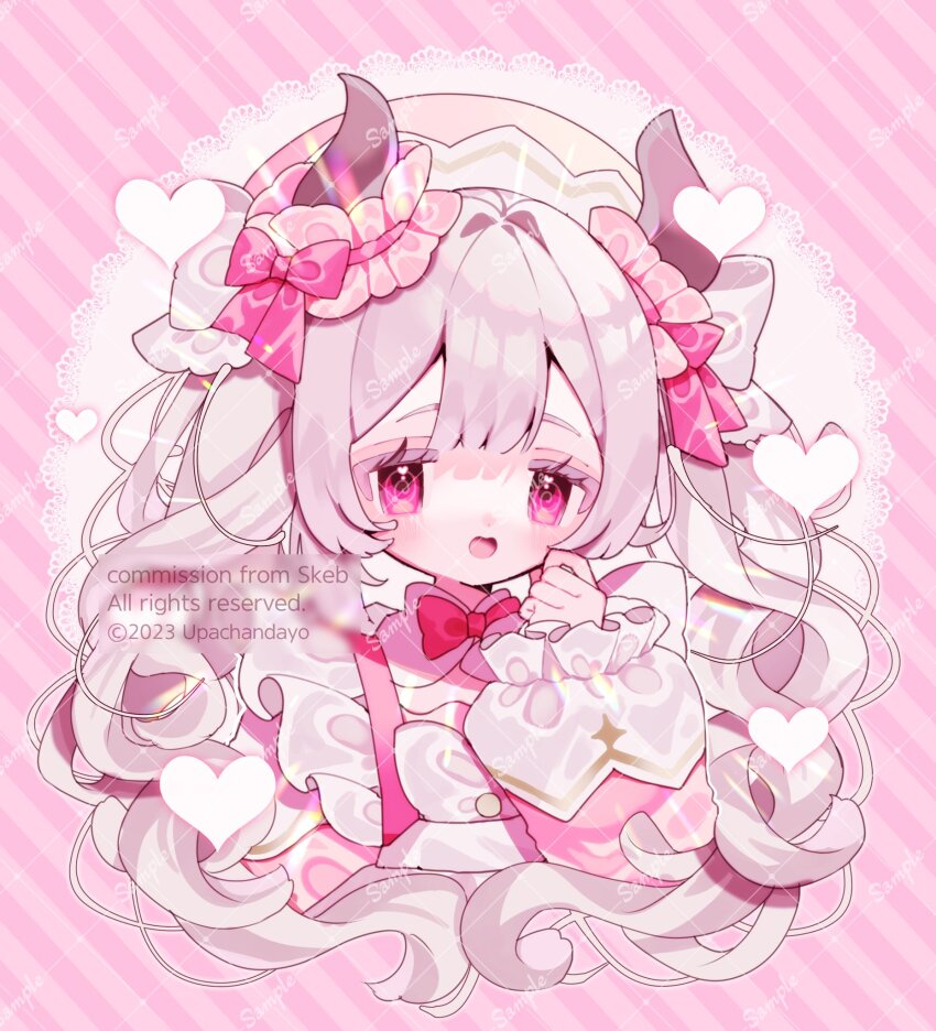 1girl :d blunt_bangs blush bow bowtie commentary commission double-parted_bangs frilled_sleeves frills grey_hair hand_up hat highres horns long_hair long_sleeves looking_at_viewer open_mouth original pink_background pink_eyes pink_shirt red_bow red_bowtie sample_watermark shirt skeb_commission smile solo striped_background twintails upache upper_body watermark watermark_grid white_hat
