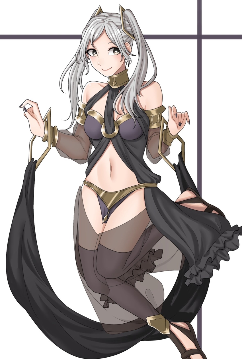 1girl alternate_costume anklet ao_saryaruhu armlet armpit_crease belly_dancer black_nails bra breasts brown_eyes cleavage clenched_hands collar collarbone dancing detached_sleeves eyelashes feet feet_up female_focus fingernails fire_emblem fire_emblem_awakening hair_ornament hands_up happy highres jewelry legs loincloth long_hair looking_to_the_side lots_of_jewelry medium_breasts midriff nail_polish navel neck nintendo o-ring o-ring_top olivia_(fire_emblem)_(cosplay) revealing_clothes robin_(female)_(fire_emblem) robin_(fire_emblem) sandals sidelocks sideways_glance smile standing standing_on_one_leg stomach strapless strapless_bra swept_bangs thighhighs thighs tiptoes twintails underwear veil white_hair