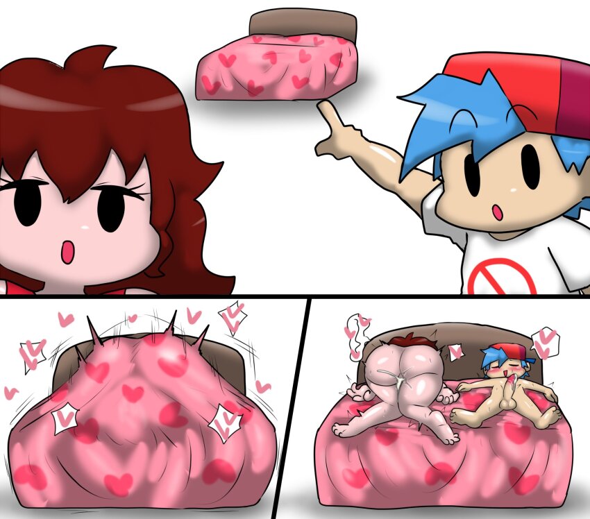 1boy 1girl aftersex artist_name blue_hair boyfriend_(friday_night_funkin&#039;) brown_hair cum cumdrip enigi09 friday_night_funkin&#039; girlfriend_(friday_night_funkin&#039;) hetero highres meme on_bed sex white_background