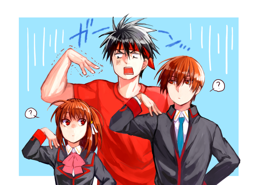 1girl 2022 2boys ? ahoge black_eyes black_hair black_jacket blue_background blue_necktie border bow brown_hair collared_shirt commentary_request dated_commentary hair_between_eyes hand_on_own_hip hand_up headband highres inohara_masato jacket little_busters! little_busters!_school_uniform long_hair long_sleeves looking_at_another looking_to_the_side multiple_boys muscular muscular_male natsume_kyousuke natsume_rin necktie open_mouth outside_border pink_bow ponytail rakka rectangular_mouth red_eyes red_headband red_shirt school_uniform shirt short_hair short_sleeves simple_background sound_effects speech_bubble spiked_hair spoken_question_mark teeth trembling tsurime v-shaped_eyebrows white_border white_shirt