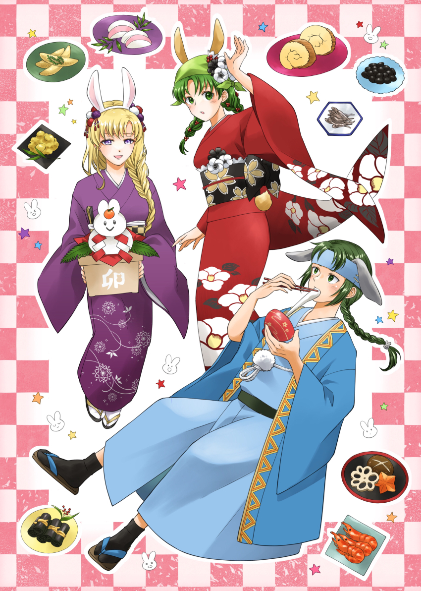 1boy 2girls absurdres animal_ears black_socks blonde_hair blue_hairband bowl braid checkered_background chopsticks commentary_request eating fake_animal_ears fire_emblem fire_emblem:_the_blazing_blade food green_eyes green_hair guy_(fire_emblem) hairband highres japanese_clothes kimono long_hair louise_(fire_emblem) midori_no_baku mochi multiple_girls nintendo purple_eyes purple_kimono rabbit_ears rebecca_(fire_emblem) red_background red_kimono sandals shrimp socks star_(symbol) two-tone_background white_background white_socks zouri